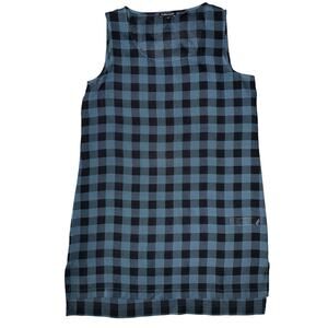 Eileen Fisher Buffalo Check Printed Silk Plaid Scoop Neck Tunic Blue Black Small